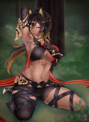 Rule 34 | 1girl, absurdres, arm up, armor, armpits, artist name, asymmetrical clothes, belt, black gloves, black hair, black shirt, blonde hair, blush, breasts, brown hair, bush, cleavage, cleft of venus, criss-cross halter, crossed bangs, dark-skinned female, dark skin, dehya (genshin impact), earrings, forest, full body, genshin impact, gloves, gold choker, gold trim, halterneck, highres, jewelry, large breasts, long hair, looking at viewer, mea (manami030), midriff, multicolored hair, multiple straps, nail polish, nature, navel, pants, pixiv logo, ponytail, purple eyes, red nails, shirt, shoulder armor, single pantsleg, sitting, solo, spread armpit, streaked hair, sweat, thigh strap, thighs, torn clothes, torn pants, tree, twitter logo, wariza