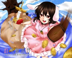 Rule 34 | 1girl, :d, animal ears, bad id, bad pixiv id, brown hair, rabbit ears, coin, female focus, fish, highres, inaba tewi, jewelry, mallet, naxia, necklace, open mouth, pearl necklace, red eyes, sack, short hair, smile, solo, sword, touhou, weapon