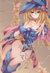 Rule 34 | 1girl, bare shoulders, blonde hair, blush, blush stickers, boots, breasts, cleavage, closed mouth, collarbone, cover, cover page, dark magician girl, duel monster, jyon104, looking at viewer, outstretched arm, smile, yu-gi-oh!