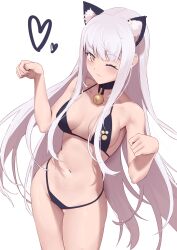 Rule 34 | 1girl, animal ears, bare shoulders, bell, bikini, black bikini, breasts, cat ears, collar, collarbone, melusine (fate), fate/grand order, fate (series), forked eyebrows, highres, jilu, jingle bell, long hair, looking at viewer, navel, one eye closed, paw pose, sidelocks, small breasts, smile, solo, swimsuit, thighs, white hair, yellow eyes