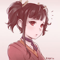 Rule 34 | 10s, 1girl, ^^^, artist name, blunt bangs, blush, brown background, brown hair, brown ribbon, choker, closed mouth, collarbone, gradient background, hair ribbon, japanese clothes, kimono, koutetsujou no kabaneri, koyorin, lips, looking at viewer, mumei (kabaneri), portrait, purple choker, purple ribbon, red kimono, ribbon, ribbon choker, short hair with long locks, short twintails, solo, tsurime, twintails, upper body