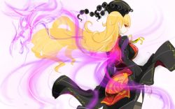 Rule 34 | 1girl, ass, aura, black dress, blonde hair, breasts, chinese clothes, cowboy shot, dragon, dress, energy, expressionless, from behind, hat, junko (touhou), large breasts, long hair, long sleeves, looking at viewer, looking back, obi, pink background, pointy ears, raptor7, red eyes, ribbon, sash, side slit, sketch, solo, standing, tabard, thighhighs, touhou, very long hair, wide sleeves, wind