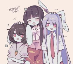 Rule 34 | 3girls, :d, animal ears, artist name, black hair, blunt bangs, blush, carrot necklace, closed eyes, commentary request, cosmicmind, dated, floppy ears, hand on another&#039;s head, headpat, houraisan kaguya, inaba tewi, jewelry, long hair, medium hair, multiple girls, necklace, necktie, one-hour drawing challenge, open mouth, pink shirt, puffy short sleeves, puffy sleeves, purple hair, rabbit ears, rabbit girl, rabbit tail, red eyes, red necktie, red skirt, reisen udongein inaba, shirt, short sleeves, simple background, skirt, smile, sweatdrop, tail, tan background, touhou