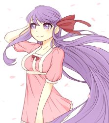 Rule 34 | 1girl, catmouth, character request, cherry blossoms, long hair, looking at viewer, purple eyes, purple hair, ribbon, solo