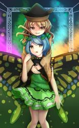 Rule 34 | 2girls, antennae, arm at side, behind another, blonde hair, blue hair, butterfly wings, chin rest, cowboy shot, dress, eternity larva, gradient background, green skirt, hands on another&#039;s chest, hat, head on head, head rest, head tilt, highres, holding another&#039;s arm, hug, hug from behind, insect wings, knees together feet apart, layered dress, leaf, legs together, long hair, long sleeves, looking at viewer, matara okina, multiple girls, open mouth, orange eyes, own hands together, parted lips, short hair, skirt, smile, standing, touhou, wings, yu cha