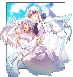 Rule 34 | 1boy, 1girl, blue hair, blush, bridal veil, carrying, carrying person, clenched teeth, closed eyes, commentary request, couple, dress, elbow gloves, formal, gloves, grey hair, hetero, high heels, highres, husband and wife, inkamuko, kura sushi, long hair, short hair, suit, sunglasses, sweatdrop, teeth, v, veil, wa c0sb, waruiman, wedding dress, white suit