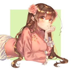 Rule 34 | 1girl, ahoge, arm under breasts, axis powers hetalia, blush, brown eyes, brown hair, chinese clothes, elbow rest, eyelashes, flower, frilled sleeves, frills, green background, hair flower, hair ornament, hand up, hatake hukuro, head rest, long hair, long sleeves, looking at viewer, lying, on stomach, orange eyes, pink flower, skirt, solo, taiwan (hetalia), toggles, upper body, very long hair, white skirt, wide sleeves