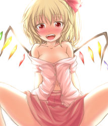 Rule 34 | 1girl, backlighting, bare shoulders, blonde hair, blush, breasts, clothes pull, collarbone, flandre scarlet, hair ribbon, navel, neats, off shoulder, open clothes, open mouth, open shirt, red eyes, ribbon, shirt, shirt pull, side ponytail, sitting, skirt, smile, solo, spread legs, touhou, unbuttoned, wings