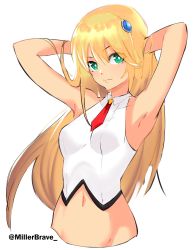 Rule 34 | 1girl, absurdres, armpits, arms behind head, arms up, artist name, blazblue, blazblue: cross tag battle, blonde hair, breasts, bright pupils, closed mouth, green eyes, hair between eyes, hair ornament, highres, long hair, looking at viewer, millerbrave, navel, necktie, noel vermillion, raised eyebrow, shirt, sleeveless, sleeveless shirt, small breasts, smile, solo, twitter username, upper body, white pupils, white shirt