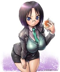 Rule 34 | 10s, 1girl, amania orz, artist name, black hair, blue eyes, blush, bread, breasts, clipboard, cowboy shot, dated, dragon girl, eating, elma (maidragon), food, formal, glasses, gradient hair, kobayashi-san chi no maidragon, large breasts, looking at viewer, multicolored hair, necktie, office, office lady, purple hair, shiny clothes, shiny skin, short hair, skirt, solo, suit, sweatdrop, two-tone hair, wavy mouth