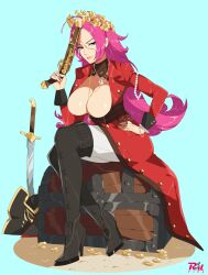 Rule 34 | 1girl, absurdres, ahoge, antique firearm, aqua background, artist name, blue eyes, boots, bracelet, breasts, brown footwear, center opening, cleavage, coat, coin, cross, cross necklace, fate/extra, fate (series), firearm, firelock, flintlock, francis drake (fate), gold coin, gun, head wreath, high heel boots, high heels, highres, holding, holding gun, holding weapon, jewelry, large breasts, long hair, looking at viewer, multiple rings, necklace, no bra, pants, parted bangs, pink hair, r3dfive, red coat, ring, scar, scar on face, simple background, sitting, solo, sword, thigh boots, treasure chest, weapon, white pants