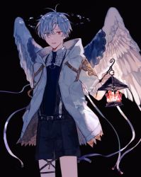 Rule 34 | 1boy, absurdres, angel wings, bad id, bad pixiv id, black background, black shorts, blue hair, hand in pocket, harness, highres, holding, holding lantern, jacket, lantern, male focus, nnmy itp0, open mouth, original, red eyes, shorts, solo, water, white jacket, wings