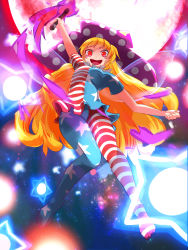 Rule 34 | 1girl, american flag dress, american flag legwear, arm up, big hair, blonde hair, breasts, clownpiece, commentary request, danmaku, dress, full body, hat, highres, jester cap, large hat, long hair, looking at viewer, looking down, microdress, moon, nama shirasu, open mouth, pantyhose, red eyes, red moon, revision, short sleeves, small breasts, smile, solo, space, spell card, striped clothes, striped dress, striped pantyhose, thighs, toes, torch, touhou, upskirt, very long hair, wings