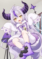 Rule 34 | 1girl, absurdres, dksotti, grey hair, highres, hololive, horns, la+ darknesss, long hair, looking at viewer, multicolored hair, open mouth, smile, solo, streaked hair, virtual youtuber, yellow eyes