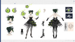 Rule 34 | 1girl, absurdres, back tattoo, black choker, black dress, black footwear, black gloves, black hair, braid, breasts, character sheet, chest tattoo, chinese commentary, choker, commentary, double bun, dress, ear piercing, earrings, eyeball, fire, gloves, green eyes, green fire, green hair, grey legwear, hair bun, high heels, highres, jewelry, jun ling, looking at viewer, masterwork apocalypse, medium breasts, mole, mole under eye, multicolored hair, multiple views, official art, parted lips, piercing, production art, r&#039;lyeh (masterwork apocalypse), sharp teeth, short hair, sleeveless, sleeveless dress, smile, standing, strapless, strapless dress, streaked hair, tattoo, teeth, weibo watermark, white background