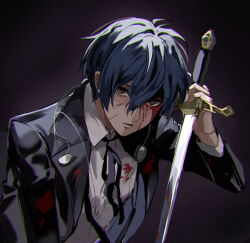 Rule 34 | 1boy, black background, black jacket, black ribbon, blood, blood on clothes, blood on face, bloody weapon, blue hair, chromatic aberration, closed mouth, collared shirt, commentary request, expressionless, gradient background, grey background, grey eyes, hair between eyes, headphones, headphones around neck, highres, jacket, joowon (jju oon), korean commentary, long sleeves, looking at viewer, male focus, neck ribbon, open clothes, open jacket, persona, persona 3, planted, planted sword, planted weapon, ribbon, shirt, short hair, simple background, solo, sword, upper body, weapon, white shirt, wing collar, yuuki makoto (persona 3)