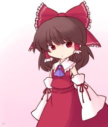 Rule 34 | 1girl, 216, artist name, ascot, bare shoulders, bow, breasts, brown hair, closed mouth, collar, collared dress, detached sleeves, dress, frills, gradient background, hair between eyes, hair ornament, hair tubes, hakurei reimu, long sleeves, looking to the side, medium breasts, medium hair, pink background, purple ascot, red bow, red dress, red eyes, ribbon-trimmed sleeves, ribbon trim, solo, standing, touhou, white background, wide sleeves