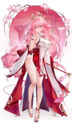 Rule 34 | 1girl, animal ears, breasts, cherry blossoms, detached sleeves, earrings, finger to mouth, floppy ears, fox ears, full body, genshin impact, geta, gohei, gold earrings, hair ornament, highres, holding, index finger raised, japanese clothes, jewelry, large breasts, long hair, looking at viewer, low-tied long hair, melailai, obi, parted lips, pink hair, purple eyes, sash, shirt, shorts, solo, tassel, thighs, very long hair, white shirt, white shorts, yae miko