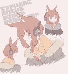 Rule 34 | 1girl, anger vein, animal ears, arknights, black jacket, blush, brown eyes, brown hair, character request, check character, closed mouth, commentary, cropped torso, dodon jg, fur-trimmed jacket, fur trim, grey background, grey jacket, headphones, highres, jacket, jewelry, jitome, looking at viewer, multiple views, necklace, no nose, off shoulder, pearl necklace, profile, sciurus browntail (arknights), shirt, sweatdrop, translation request, twitter username, watermark, yellow shirt