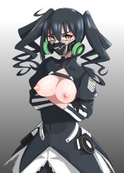 Rule 34 | 1girl, anger vein, black dress, black hair, breasts, breasts out, commentary request, crossed arms, dress, gas mask, girls&#039; frontline, glaring, gloves, glowing, gradient background, grey background, griffin &amp; kryuger, grifon &amp; kryuger, highres, kuroketto, long sleeves, looking at viewer, mask, medium breasts, medium hair, nipples, sangvis ferri, scarecrow (girls&#039; frontline), simple background, solo, thick eyebrows, twintails, white background, yellow eyes