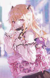 Rule 34 | 1girl, bag, black bow, black skirt, blonde hair, blurry, blurry background, blush, bow, character doll, character print, clenched teeth, clothing cutout, commentary, cowboy shot, ear piercing, frilled shirt, frills, hair between eyes, hair bow, highres, hoshino ai (oshi no ko), hoshino ruby, jewelry, jirai kei, long sleeves, looking at viewer, mask pull, mismatched pupils, oshi no ko, piercing, pink bag, pink eyes, pink shirt, ring, shirt, shoulder bag, shoulder cutout, sidelocks, skirt, solo, sparkle, star-shaped pupils, star (symbol), symbol-shaped pupils, teeth, tokkyu, two side up