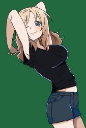 Rule 34 | 10s, 1girl, ;), arms behind head, arms up, black shirt, blonde hair, blue eyes, blue shorts, blush, breasts, buttons, closed mouth, cowboy shot, denim, denim shorts, eyebrows, eyelashes, facing away, girls und panzer, green background, highres, interlocked fingers, kay (girls und panzer), large breasts, leaning, leaning back, lips, long hair, looking at viewer, navel, one eye closed, pink lips, pocket, shirt, short shorts, short sleeves, shorts, simple background, smile, solo, standing, stomach, t-shirt, taut clothes, taut shirt, yuuki (amamikure)