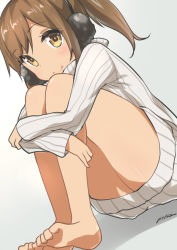 Rule 34 | 10s, 1girl, absurdres, alternate costume, artist name, bare legs, barefoot, blush, brown hair, earmuffs, female focus, highres, i-401 (kancolle), kantai collection, hugging own legs, legs, looking at viewer, ponytail, ribbed sweater, ryuki (ryukisukune), short hair, signature, smile, solo, sweater, toes