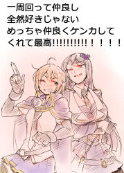 Rule 34 | 2girls, ahoge, arms up, assault lily, belt, black belt, black gloves, black necktie, black pantyhose, black thighhighs, blue cloak, blue jacket, blue skirt, braid, breasts, brown eyes, brown hair, butterfly hair ornament, cloak, collared shirt, commentary request, cowboy shot, crossed arms, elbow gloves, epaulettes, fingerless gloves, frilled skirt, frills, funada kiito, gloves, gradient background, green eyes, grin, hair ornament, half gloves, hands up, headphones, headphones around neck, jacket, kawamura yuzuriha, large breasts, long hair, long sleeves, looking to the side, miniskirt, mole, mole under eye, multiple girls, necktie, o-ring, o-ring belt, odaiba girls high school uniform, one eye closed, pale color, pantyhose, parted lips, pink background, purple hair, salute, santouka, school uniform, shirt, short hair, side-by-side, side braid, sideways glance, single braid, skirt, smile, standing, thighhighs, translation request, two-finger salute, v-shaped eyebrows, very long hair, white background, white shirt