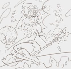 Rule 34 | 1girl, animated, animated gif, bare shoulders, black gloves, boots, breasts, broom, broom riding, brown hair, candy, cleavage, elbow gloves, evie (paladins), flying, food, gloves, green eyes, halloween, hat, jack-o&#039;-lantern, making-of, moon, night, paladins, shattered, sketch, sky, smile, solo, splashbrush, unfinished, witch, witch hat