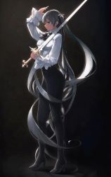 Rule 34 | 1girl, absurdres, black footwear, black pants, blue eyes, collared shirt, frilled shirt collar, frills, from side, hair behind ear, hatsune miku, high-waist pants, high heels, highres, holding, holding sword, holding weapon, long hair, looking at viewer, open hand, over shoulder, pants, pigone, shirt, solo, standing, sword, twintails, very long hair, vocaloid, weapon, weapon over shoulder, white shirt