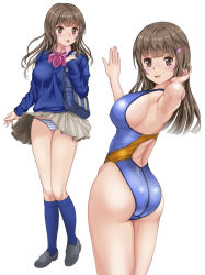 Rule 34 | 1girl, ass, bag, blue one-piece swimsuit, blue socks, blue sweater, brown eyes, brown hair, clothes lift, competition swimsuit, cowboy shot, full body, grey skirt, hair ornament, hairclip, kneehighs, long hair, looking at viewer, mashinatsu, multiple views, one-piece swimsuit, open mouth, original, panties, pantyshot, pleated skirt, school bag, school uniform, skirt, skirt lift, socks, sweater, swimsuit, underwear, wind, wind lift