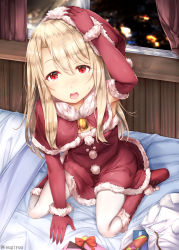 Rule 34 | 1girl, bag, bell, blonde hair, boots, breasts, capelet, christmas, commentary request, dress, elbow gloves, fate (series), full body, fur trim, gift, gloves, hair between eyes, hand on own head, hat, illyasviel von einzbern, indoors, knee boots, long hair, looking at viewer, night, on bed, open mouth, pantyhose, pom pom (clothes), red capelet, red dress, red eyes, red footwear, red gloves, santa costume, santa hat, seiza, sitting, small breasts, solo, sugiyuu, teeth, upper teeth only, white pantyhose