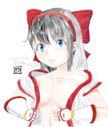 Rule 34 | 1girl, ainu clothes, artist name, black hair, blue eyes, breasts, cleavage, dressing, fingerless gloves, gloves, hair ribbon, long hair, looking at viewer, nakoruru, navel, no bra, open clothes, ribbon, samurai spirits, small breasts, snk, sweatdrop, the king of fighters, traditional media