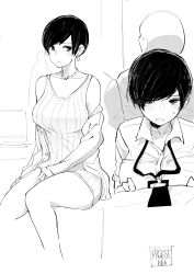 Rule 34 | 1girl, artist name, blush, breast press, breasts, cleavage, collared shirt, commentary, dress, dress shirt, earrings, greyscale, highres, id card, jacket, jewelry, knees together feet apart, lanyard, looking at viewer, medium breasts, monochrome, necklace, norman maggot, off shoulder, office lady, olive laurentia, original, pixie cut, pov, shirt, short dress, short hair, sitting, sleeveless, sleeveless dress, sweatdrop, swept bangs