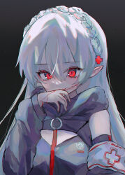 Rule 34 | 1girl, arknights, armband, black background, black dress, blood, blood on face, braid, covering own mouth, cross hair ornament, crown braid, detached sleeves, dress, gradient background, grey hair, hair ornament, hand on own face, highres, light particles, long hair, long sleeves, looking at viewer, morita (pixiv31883607), pointy ears, red eyes, solo, upper body, vampire, very long hair, warfarin (arknights)