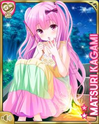 Rule 34 | 1girl, blush, bow, character name, cloud, dress, fireworks, girlfriend (kari), hair bow, hand to own mouth, jewelry, kagami matsuri, knees up, long hair, looking at viewer, multicolored clothes, multicolored dress, necklace, night, night sky, official art, open mouth, outdoors, pink eyes, pink hair, qp:flapper, ribbon, sitting, sky, solo, sparkler, stairs, star (sky), sundress, tree, two side up