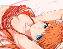 Rule 34 | 1girl, artist request, bed, blue eyes, breasts, brown hair, hair ornament, lips, long hair, looking at viewer, lying, naked shirt, navel, neon genesis evangelion, no bra, on bed, shiny skin, shirt, solo, souryuu asuka langley, striped clothes, striped shirt, torn clothes, torn shirt, two side up, very long hair