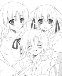 Rule 34 | 3girls, :d, animal ears, blush, cat ears, eyebrows, greyscale, hair ribbon, looking at viewer, monochrome, multiple girls, open mouth, original, ribbon, short hair, simple background, smile, white background, zinno