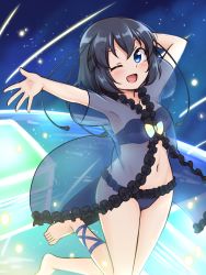 Rule 34 | 1girl, ;d, antennae, arm behind head, bare arms, barefoot, black hair, blue eyes, blush, commentary, cosplay, frills, highres, japanese giant salamander (kemono friends), japanese giant salamander (kemono friends) (cosplay), kemono friends, lingerie, looking at viewer, navel, nightgown, one eye closed, open mouth, outstretched arm, see-through, shiraha maru, short hair, smile, solo, tail, twitter username, underwear, western parotia (kemono friends)