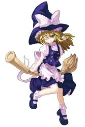 Rule 34 | 1girl, absurdres, bamboo broom, blonde hair, blush, bobby socks, bow, broom, broom riding, female focus, full body, hair bow, hat, highres, kirisame marisa, long hair, mary janes, one eye closed, shoes, sidesaddle, sitting, smile, socks, solo, soraneko+, touhou, transparent background, wink, witch, witch hat, yellow eyes
