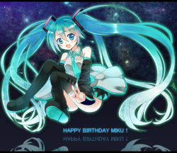 Rule 34 | 1girl, aqua eyes, aqua hair, bad id, bad pixiv id, bare shoulders, detached sleeves, floating hair, happy birthday, hatsune miku, long hair, looking at viewer, necktie, open mouth, skirt, smile, solo, thighhighs, twintails, v, very long hair, vocaloid, yatsuki yura