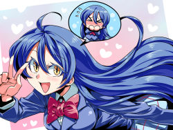 Rule 34 | &gt; &lt;, 10s, 1girl, blazer, blouse, blue eyes, blue hair, blush, colored eyelashes, commentary request, embarrassed, closed eyes, hair between eyes, highres, jacket, leaning forward, long hair, looking at viewer, love live!, love live! school idol project, matching hair/eyes, miniskirt, necktie, open mouth, plaid, plaid skirt, pleated skirt, school uniform, shirt, skirt, solo, sonoda umi, tukiwani, v over eye, white shirt, yellow eyes