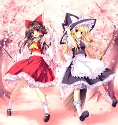 Rule 34 | 2girls, :d, apron, blonde hair, broom, brown eyes, brown hair, cherry blossoms, detached sleeves, female focus, grin, hakurei reimu, hand on headwear, hat, highres, japanese clothes, kirisame marisa, long hair, looking at viewer, midriff, miko, multiple girls, navel, open mouth, petals, shoes, smile, socks, tateha (marvelous grace), touhou, tree, white socks, wide sleeves, witch, witch hat