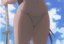 Rule 34 | bikini, bikini bottom only, close-up, mature female, sagiri yuuko, screencap, swimsuit, sword, triage x, weapon, white bikini