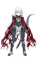 Rule 34 | 1girl, absurdres, armored boots, blush, boots, brown eyes, cape, closed mouth, dragon tail, full body, gauntlets, grey footwear, hair between eyes, highres, jyt, long hair, looking at viewer, original, red cape, sheath, sheathed, simple background, smile, solo, standing, sword, tail, torn cape, torn clothes, very long hair, weapon, white background, white hair