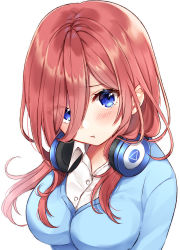 Rule 34 | 1girl, :t, blue cardigan, blue eyes, blush, breasts, buttons, cardigan, closed mouth, collared shirt, go-toubun no hanayome, hair between eyes, hair over one eye, headphones, headphones around neck, highres, large breasts, long hair, looking at viewer, nakano miku, nazuna shizuku, pout, red hair, school uniform, shirt, sidelocks, simple background, solo, upper body, white background, white shirt