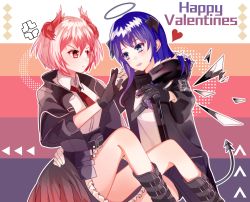 Rule 34 | 2girls, :d, anger vein, arknights, black gloves, black jacket, blue eyes, blue hair, blush, boots, chinese commentary, commentary request, feet out of frame, fiammetta (arknights), fur-trimmed jacket, fur trim, gloves, grey footwear, hair between eyes, halo, happy valentine, heart, highres, horns, jacket, long hair, long sleeves, looking at another, mostima (arknights), multicolored background, multiple girls, necktie, open mouth, outline, pink background, pink eyes, pink hair, purple background, red neckwear, shirt, short hair, sitting, smile, starstarstar (xhouxing), tail, thighs, valentine, white background, white outline, white shirt, yuri