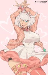 Rule 34 | 1girl, ahoge, bracelet, choker, dress, elphelt valentine, flytrapxx, guilty gear, guilty gear strive, hairband, highres, huge ahoge, jacket, jewelry, looking at viewer, one eye closed, open clothes, open jacket, pink jacket, short hair, smile, spiked bracelet, spiked hairband, spikes, thighhighs, white dress, white hair