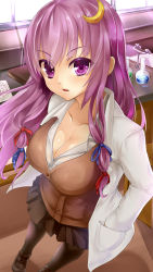 Rule 34 | 1girl, black pantyhose, black skirt, blue ribbon, breasts, chiroshiron, collarbone, crescent, crescent hair ornament, faucet, from above, hair ornament, hair ribbon, hands in pockets, highres, lab coat, large breasts, long hair, looking at viewer, pantyhose, patchouli knowledge, purple eyes, purple hair, red ribbon, ribbon, shoes, skirt, solo, standing, touhou, tress ribbon, uniform, vial, window