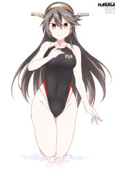 Rule 34 | black hair, black one-piece swimsuit, breasts, brown eyes, character name, competition swimsuit, covered navel, hair ornament, hairband, hairclip, haruna (kancolle), headgear, kantai collection, long hair, medium breasts, multicolored clothes, multicolored swimsuit, one-piece swimsuit, shigino sohuzi, simple background, solo, swimsuit, two-tone swimsuit, water, white background